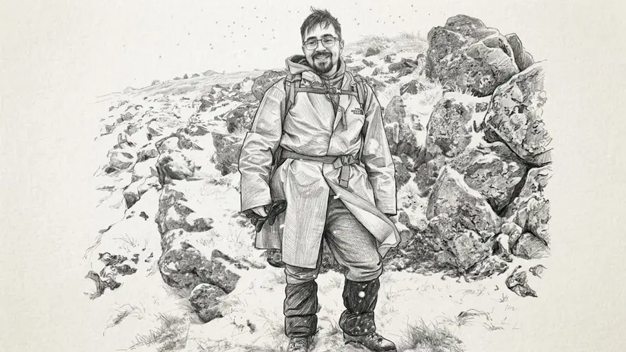 Disegno a matita di İlter Engin Kızılgün in escursione sulla neve
