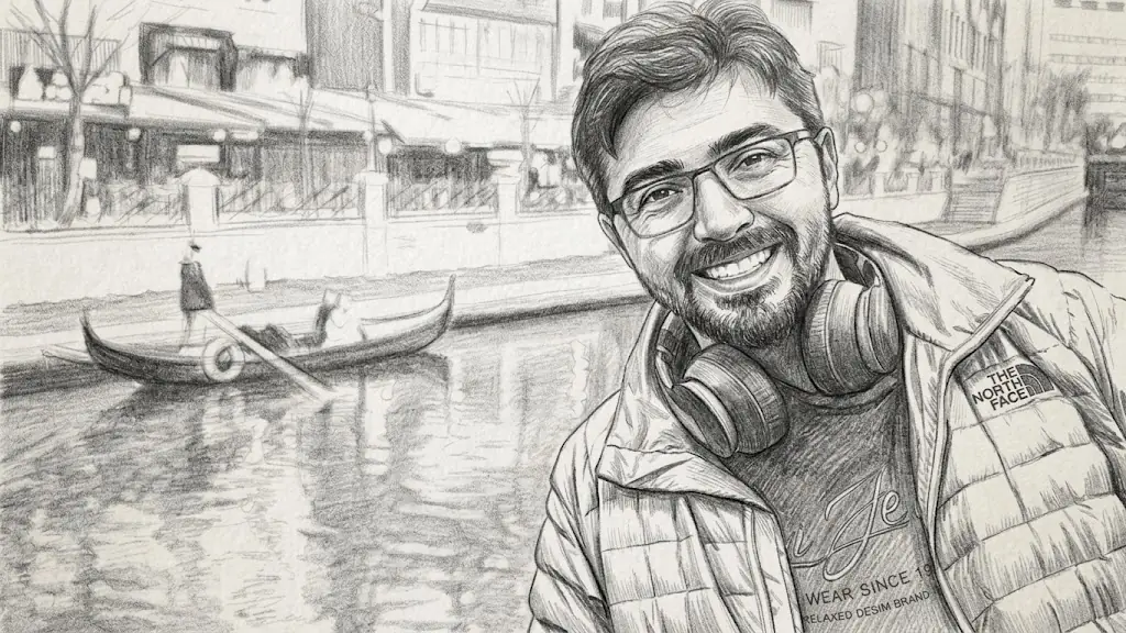 Ritratto a matita di İlter Engin Kızılgün lungo il canale Porsuk a Eskişehir